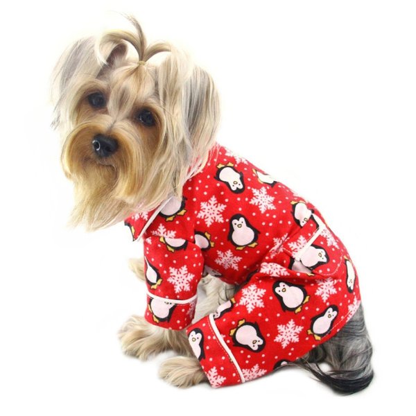 Klippo Dog/Puppy Penguins & Snowflake Flannel Pajamas/Bodysuit/Loungewear/Coverall/Jumper/Romper - Red (SMALL)