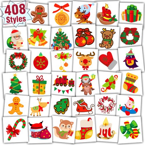 Partywind 408 PCS Individually Wrapped Christmas Temporary Tattoos for Kids Stocking Stuffers, Christmas Holiday Decorations Party Supplies Favors, Xmas Tattoo Stickers for Boys and Girls