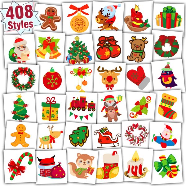Partywind 408 PCS Individually Wrapped Christmas Temporary Tattoos for Kids Stocking Stuffers, Christmas Holiday Decorations Party Supplies Favors, Xmas Tattoo Stickers for Boys and Girls
