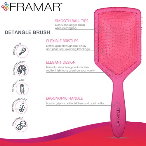 Framar Detangler Brush, Paddle Brush – Elegant Detangling Brush, No more Tangles Hair Brush – Hair Brushes for women, men and children (Pink)