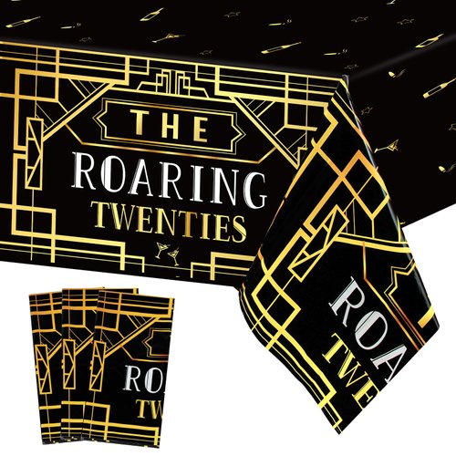 3 Packs Roaring 1920's Party Plastic Tablecloths Black and Gold Birthday Party Decorations Music Speakeasy Party Disposable Table Cover for Birthday 1920s Vintage Flapper Wedding Party Supplies (3)