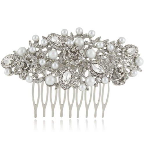 EVER FAITH Bride Headpiece Rhinestone Crystal Cream Simulated Pearl Flower Leaf Vine Hair Comb Clear Silver-Tone