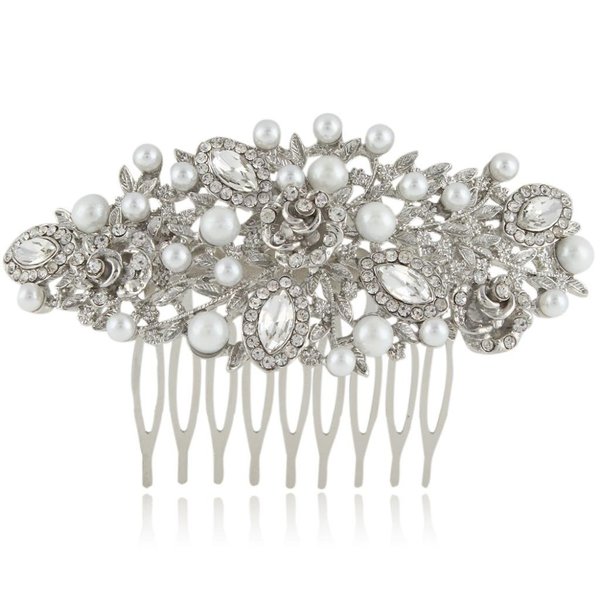 EVER FAITH Bride Headpiece Rhinestone Crystal Cream Simulated Pearl Flower Leaf Vine Hair Comb Clear Silver-Tone