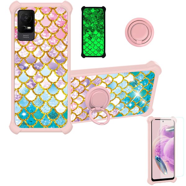 jioeuinly TCL ION V Case Compatible with TCL ION X Phone Case 40Z 40 Z T607DL Case Cover [with Tempered Glass Screen Protector][Hard PC + Soft Silicone][Ring Support] [Gold Glitter+Luminous] JSF-YL