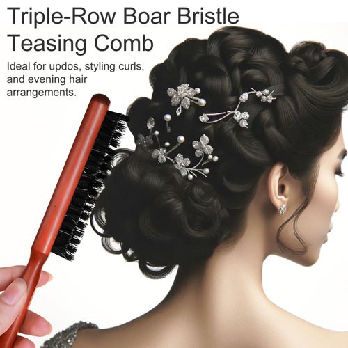 Professional Triple-Row Teasing Comb Set, Natural Boar Bristles and Fine Nylon Teeth, Lightweight Beechwood Handle, Ideal for Sophisticated Evening Hairstyles and Volumizing Effect