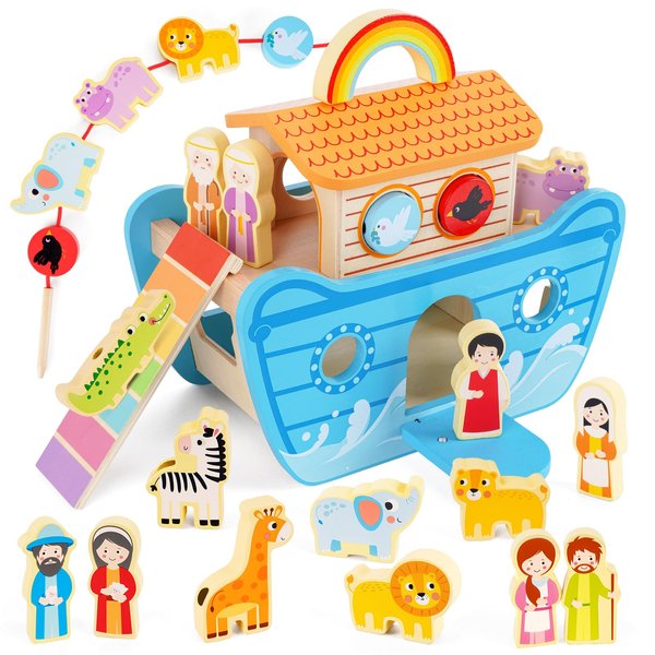 Wooden Noahs Ark Toy Animal Playset, Baptism Gifts for 2 3 4 Years Old Boys Girl, Lacing Beads, Shape Sorter, Montessori Noah's Ark Toys with Bible Story Book for 24 Months Kids