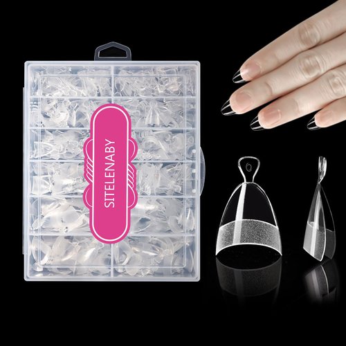 SITELENABY 600pcs Half Cover Short Almond Nail Tips, Extra Short Almond Soft Gel Nail Tips,Pre-designed Nails for Professional Salon 12 Size