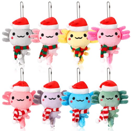 Poen 8 Pcs Christmas Axolotl Ornaments Plush Toys 4 Inch Mini Kawaii Axolotl Stuffed Animal with Santa Hat and Scarf Cute Stuffed Samaritans Keychain Bulk for Christmas Ornaments Hanging Decorations