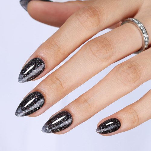 Press On Nails Short Almond, SHOWMORE Black Glitter Shimmer Acrylic Fake Nails Medium Galaxy Glue On Nails False Nails with Design Reusable Stick On Nails in 12 Sizes 24 Nail Kit with Glue (Handmade)