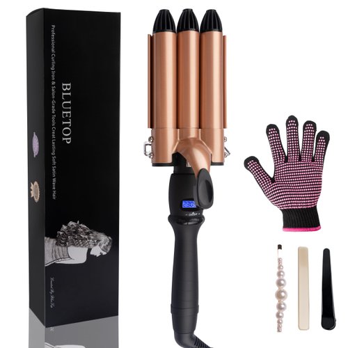 3 Barrel Hair Waver Iron Wand Crimping Iron for Hair, 1 inch Wave Curling Iron Crimper Hair Iron with LCD Display, Ceramic Hair Crimper Triple Barrel Beach Waver Curling Iron Dual Voltage Curling Iron