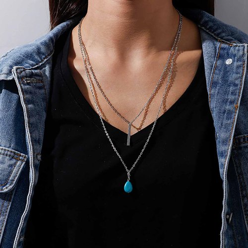 TseanYi Boho Teardrop Turquoise Neckalce Layered Turquoise Pendant Neckalce Silver Bar Pendant Necklace Vintage Layering Turquoise Water drop Necklace Jewelry for Women