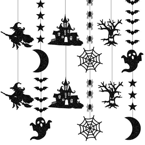Halloween Black Creepy Vintage Party Decorations - 12Pcs Hanging Streamers Garland,Bat Witch Spider Swirl Ceiling Outdoor Indoor Wall Decor Party Props,Porch Room Scary Supplies Hugtmr