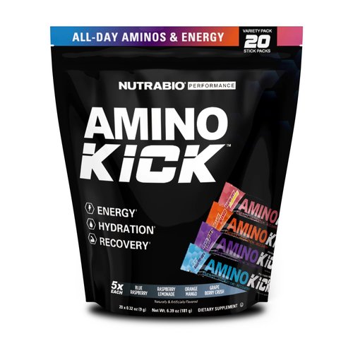 NutraBio – Amino Kick – All in One Performance Formula Energy, Hydration, Recovery 20 Servings, (Variety Pack) – 6g Amino Acids – Support Muscle Building