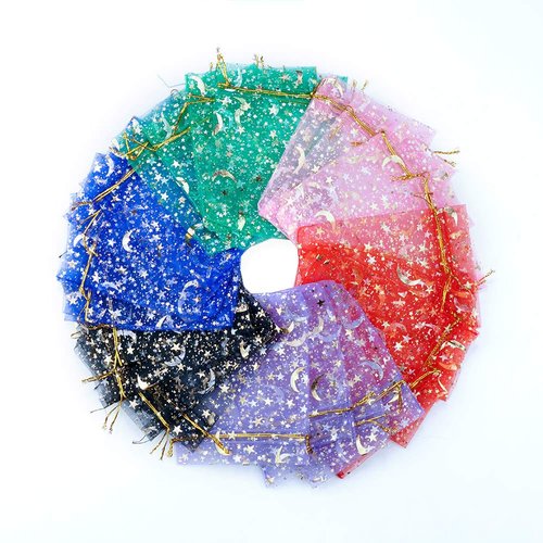 SumDirect Small Sheer Organza Bags - 120Pcs 4×5 Inch Mixed Color Moon Stars Wedding Party Favor B...