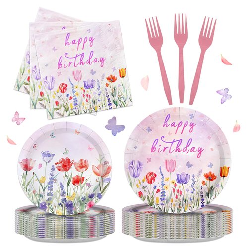 Iemctsy 96PCS Floral Paper Plates Napkins - Wildflower Party Decorations, Watercolor Floral Spring Flower Plates Disposable Dinnerware Set for Birthday Wedding Christmas Party Decorations 24 Guests