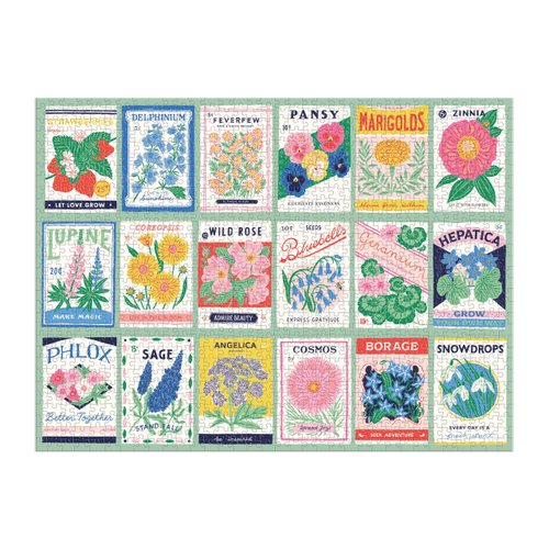 Galison Ever Upward – 1000 Piece Puzzle Fun and Challenging Activity with Bright and Bold Artwork of Vintage Style Flower Seed Packets for Adults and Families