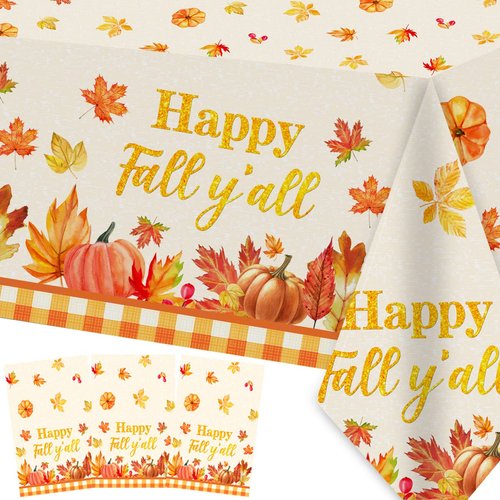 Fall Party Decorations 3PCS Happy Fall Y'all Tablecloth Autumn Pumpkin Maple Leaves Plastic Table Cloths for Fall Harvest Thanksgiving Party Supplies