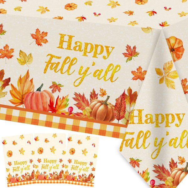 Fall Party Decorations 3PCS Happy Fall Y'all Tablecloth Autumn Pumpkin Maple Leaves Plastic Table Cloths for Fall Harvest Thanksgiving Party Supplies