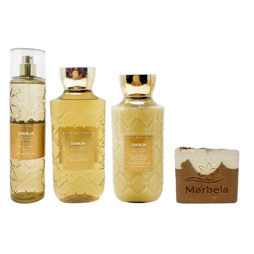 Bath & Body Works Dahlia - Trio Gift Set - Fine Fragrance Mist, Body Wash and Body Lotion With a Yamma Jamma Bar Soap., golden