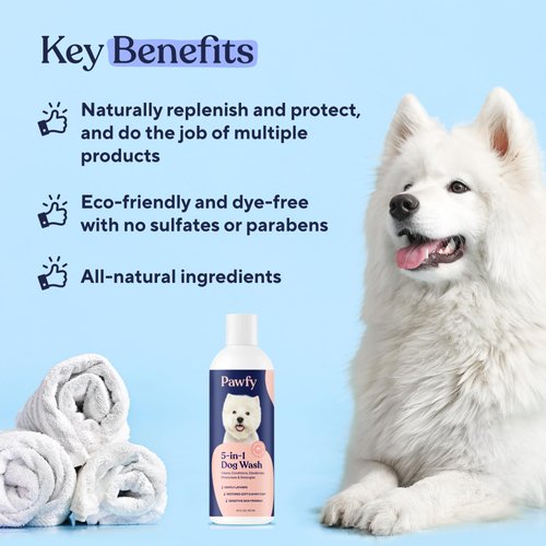 Pawfy 5-in-1 Dog Shampoo & Conditioner | Oatmeal & Aloe | Natural, Vet Reviewed Formulation | Itch Relief | Softness | Whiteness