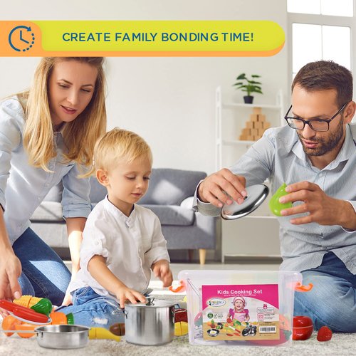 FUNERICA Play Food and Realistic Stainless-Steel Pots and Pans and Utensils - Cutting Fake Food and Pretend Toy Kitchen Accessories Cooking Toy Playset for Toddlers and Kids