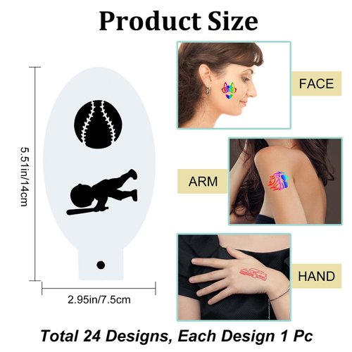 GORGECRAFT 24PCS Face Paint Stencils Body Painting Template Vehicle Aircraft Ships Ball Sports Animals Dinosaurs Pattern Reusable Soft Tattoo Stencils for Cosplay Sports Party Body Makeup Art Painting