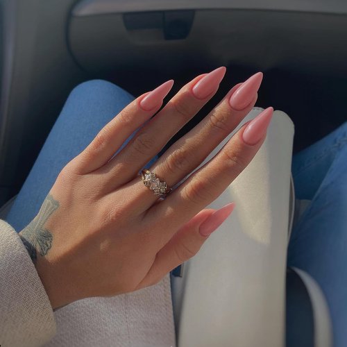 KQueenest 48 PCS Almond Press on Nails Medium Length,Press on Pink Nails,Solid Color Medium Fake Nails Acrylic,Stiletto Nails Glue on,Long-Lasting Gel Stick on Nails for Women Girls Finger Decoration