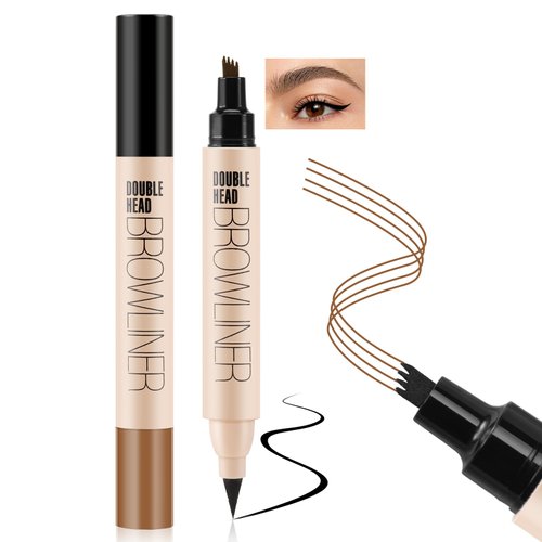 Boobeen Waterproof Eyebrow Pencil, 2 in 1 Dual-ended Liquid Eyeliner and Microblading Eyebrow Pen with a Micro-fork Tip Applicator, Creates Natural-Looking Brows&Smoothly Eye Liner