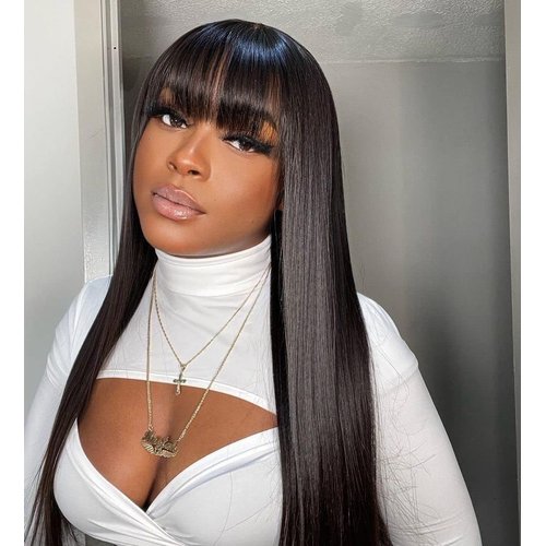 REMY HAIR Black Wig with Bangs 20 Inch Long Straight 100% Human Hair Wig Glueless None Lace Front Wigs Unprocessed Brazilian Virgin Hair Wig with Bangs Natural Color