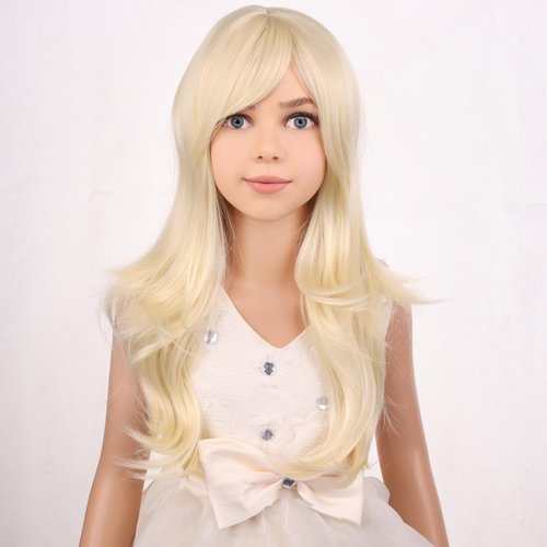PATTNIUM Kids Girls Blonde Wig Long Wavy Light Blonde Wig for Kids Child Blonde Long Wig with Bangs Synthetic Wig with Wig Cap