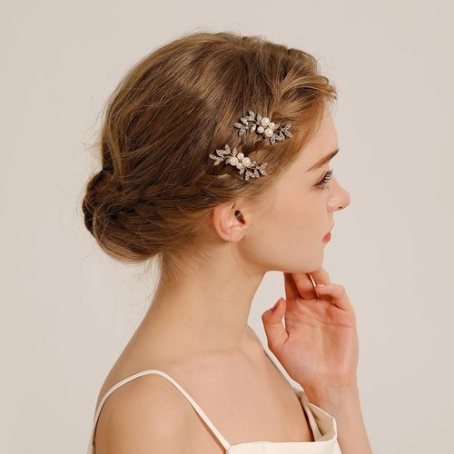 BERYUAN Silver Gold Rose Gold Leaves Rhinestone Pearls Hair Pins Rhinestone Pearls Handmade Weddi...