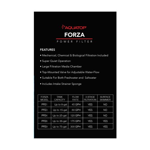 Aquatop FORZA 45 GPH Power Filter for Aquariums – For 5-15 Gallon Tanks, Great for Salt & Freshwater Tanks, Keeps Water Crystal Clear, Advanced Filtration Design, PFE-1