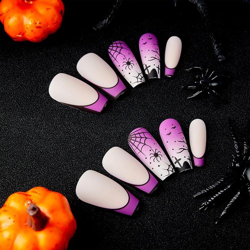 Halloween Press on Nails Coffin Medium Matte Fake Nails Purple Gradient False Nails With Spider Cross Spider Web Design Full Cover Stick on Nails Acrylic Artificial Nails Glue on Nails for Women 24Pcs
