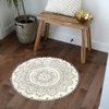 Uphome Small Round Rug 2’ Boho Beige and Grey Bathroom Rug with Pom Poms Fringe Washable Mandala Circle Shower Mat Soft Non-Slip Cute Circular Throw Rug for Sink Powder Room Kids Room Nursery