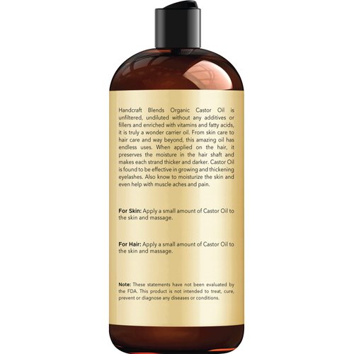 Handcraft Blends Organic Castor Oil - 16 Fl Oz - 100% Pure and Natural - Premium Grade Oil for Hair Growth, Eyelashes and Eyebrows - Carrier Oil - Hair and Body Oil - Expeller-Pressed and Hexane-Free