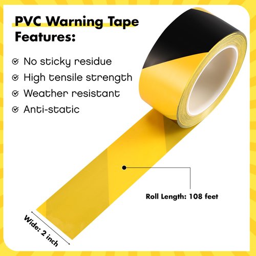 Black & Yellow Safety Tape - 2 Inch x 108 Feet - Warning & Hazard Tape Caution Tape for Marking Floors, Walls, Pipes & Equipment in Construction Sites & Hazardous Areas