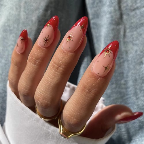 BABALAL French Tip Press on Nails Medium Almond Fake Nails Red Glue on Nails Rhinestone Acrylic N...