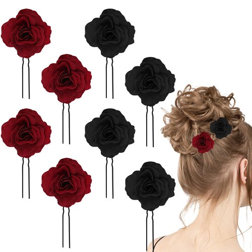 8 PCS Black Rose Flower Hair Clips U Shape Rose Floral Bobby Pins,Vintage Rose Hair Accessories for Women Girls Party Beach Wedding