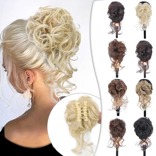 CINHOO Messy Bun Hair Piece for Women with Claw Clip Hair Extensions Platinum Blonde Bun,Curly Wa...