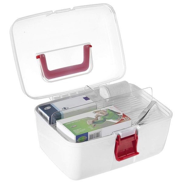 MyGift 10 Inch Multipurpose Portable White Plastic Storage Box with Removable Tray, Clear Lid and and Red Handle and Latch Lock, Home First Aid Storage Tool Box Sewing Kit Organizer Carrying Case