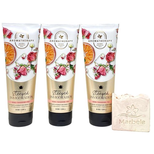 Bath & Body Works Aromatherapy Steeped Invigoration Rose + Tangerine + Tea 3 Body Cream Set with a Himalayan Salts Springs Bar Soap - Full Size