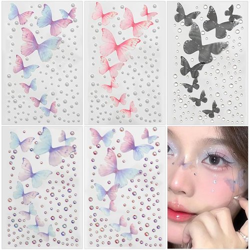 Butterfly Face Gem Stickers 4 Sheets Colorful Butterfly Rhinestones Stickers for Makeup 3D Crystal Jewel Stickers Pearl Self Adhesive Stickers for Craft DIY Nail Art Accessories Body Hair Decor