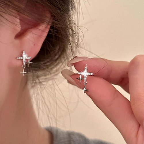 Sttiafay Vintage Rhinestone Star Earrings Silver Star Stud Earrings Crystal Star Drop Earrings Bling Cz Paved Star Earrings Jewelry for Women