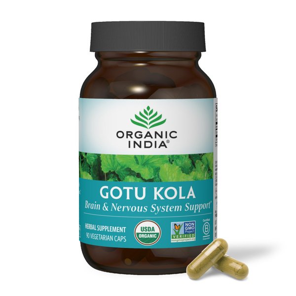 Organic India Gotu Kola Herbal Supplement - Adaptogen for Brain & Nervous System Support, Vegan, Gluten-Free, Kosher, USDA Certified Organic, Non-GMO, Calming, Clarity - 90 Capsules