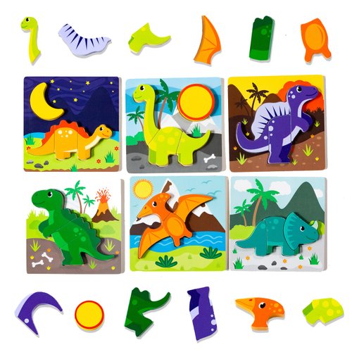 Klevly 6 PK Dinosaur Wooden Toddler Puzzles Ages 2-4 | Wooden Puzzles for Toddlers 1-3 | Montessori Toys for 2 Year Old | Learning Toys for 2+ Year Olds | Educational Toys for 2 Year Old | STEM Toy