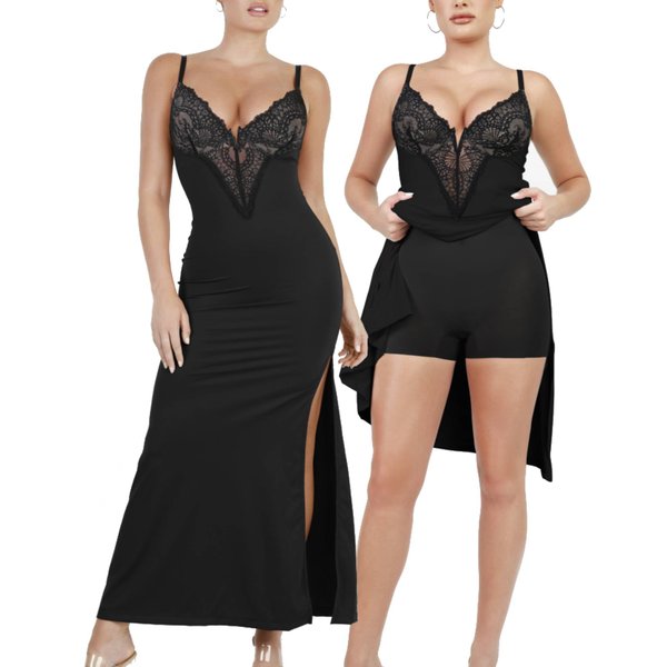 Popilush Lace Shaper Dress Built in Shapewear V Neck Satin Drape Cocktail Dress High Slit Ruched Bodycon Wedding Party Maxi Dresses Black L