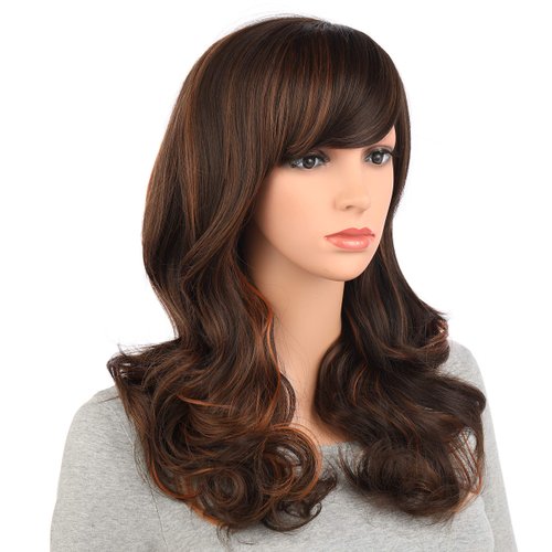 Onedor Full Head Beautiful Long Curly Wave Stunning Wig Charming Curly Costume Wigs with Fringe (Brown Highlights-8HT1439)
