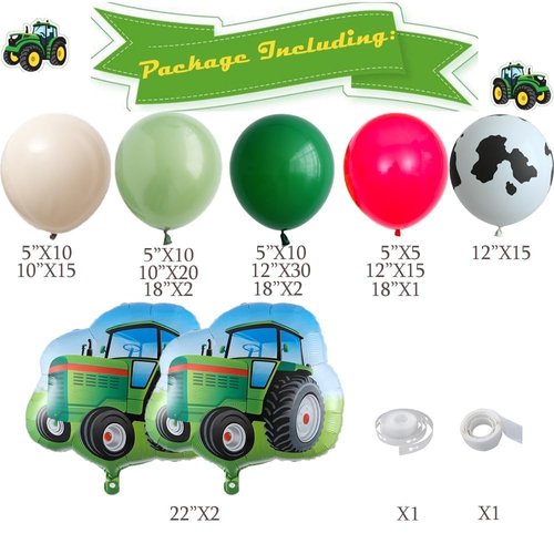 Farm Tractor Birthday Party Supplies 137 Pcs Tractor Balloon Garland Arch Kit Green Tractor with Farm Animal Cow Print Latex Balloons for Tractor Birthday Autumn Harvest Party Decoration