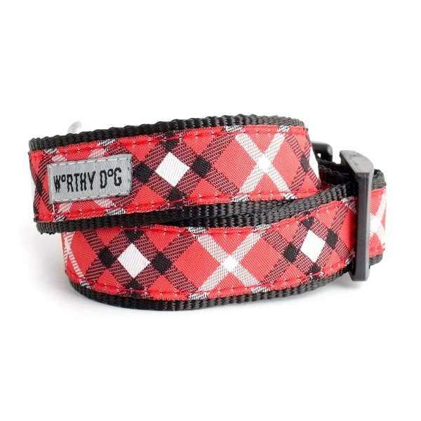 The Worthy Dog Bias Buffalo Plaid Adjustable Designer Nylon Webbing Pet Dog Collar, XS - Red/Black Color