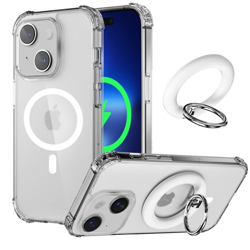 Dlinda for iPhone 14 Clear Case with Magnetic Stand, Compatible with MagSafe, Military-Grade Protection, Phone Grip Magnet Finger Ring Grip Stand Holder, Mag Safe Accessories, White